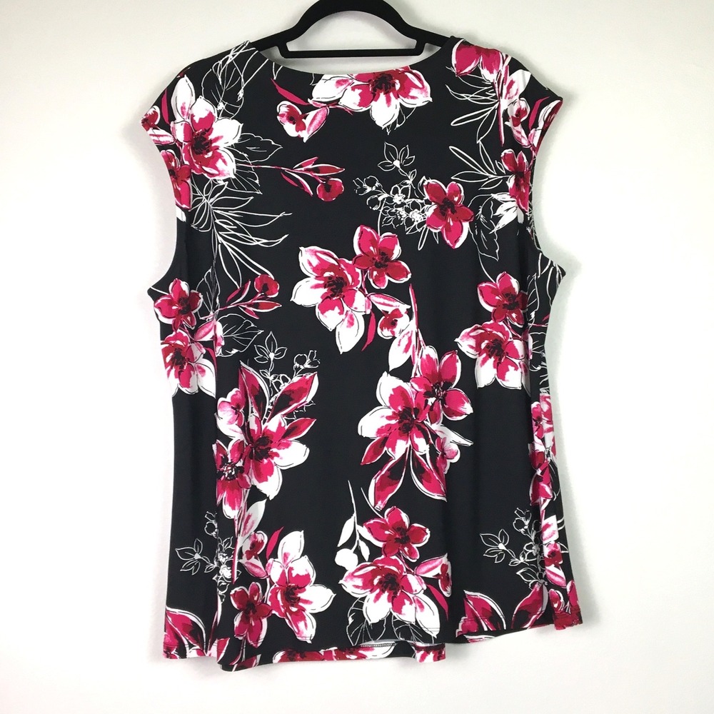 Kasper Floral Pleated Keyhole Sleeveless Blouse 2X Black Pink - Picture 2 of 6